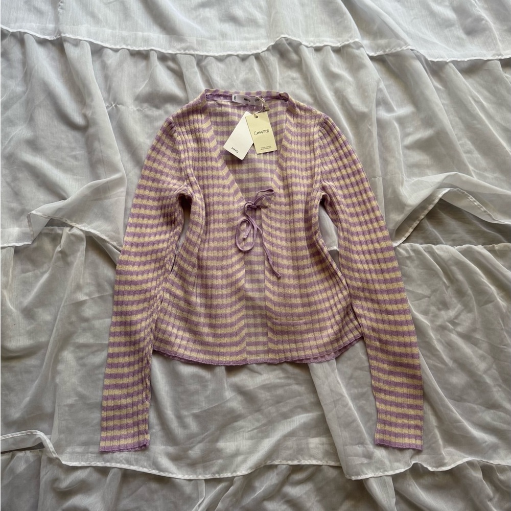 Mango Sheer Ribbed Tie-Front Cardigan Sweater - Picture 2 of 6